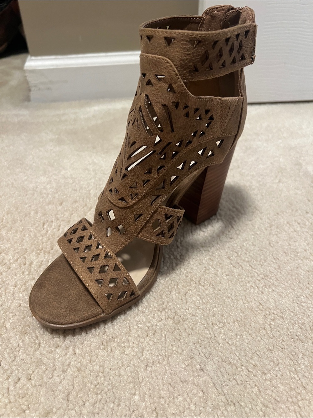 Fergie Brown Laser-Cut Gladiator Heels